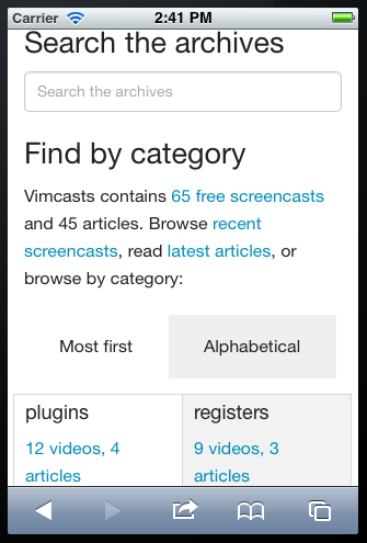 a screenshot of the Vimcasts categories page on a mobile