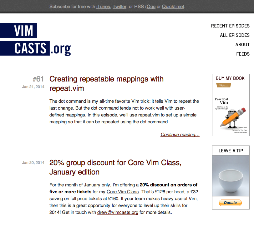 a screenshot of the Vimcasts homepage