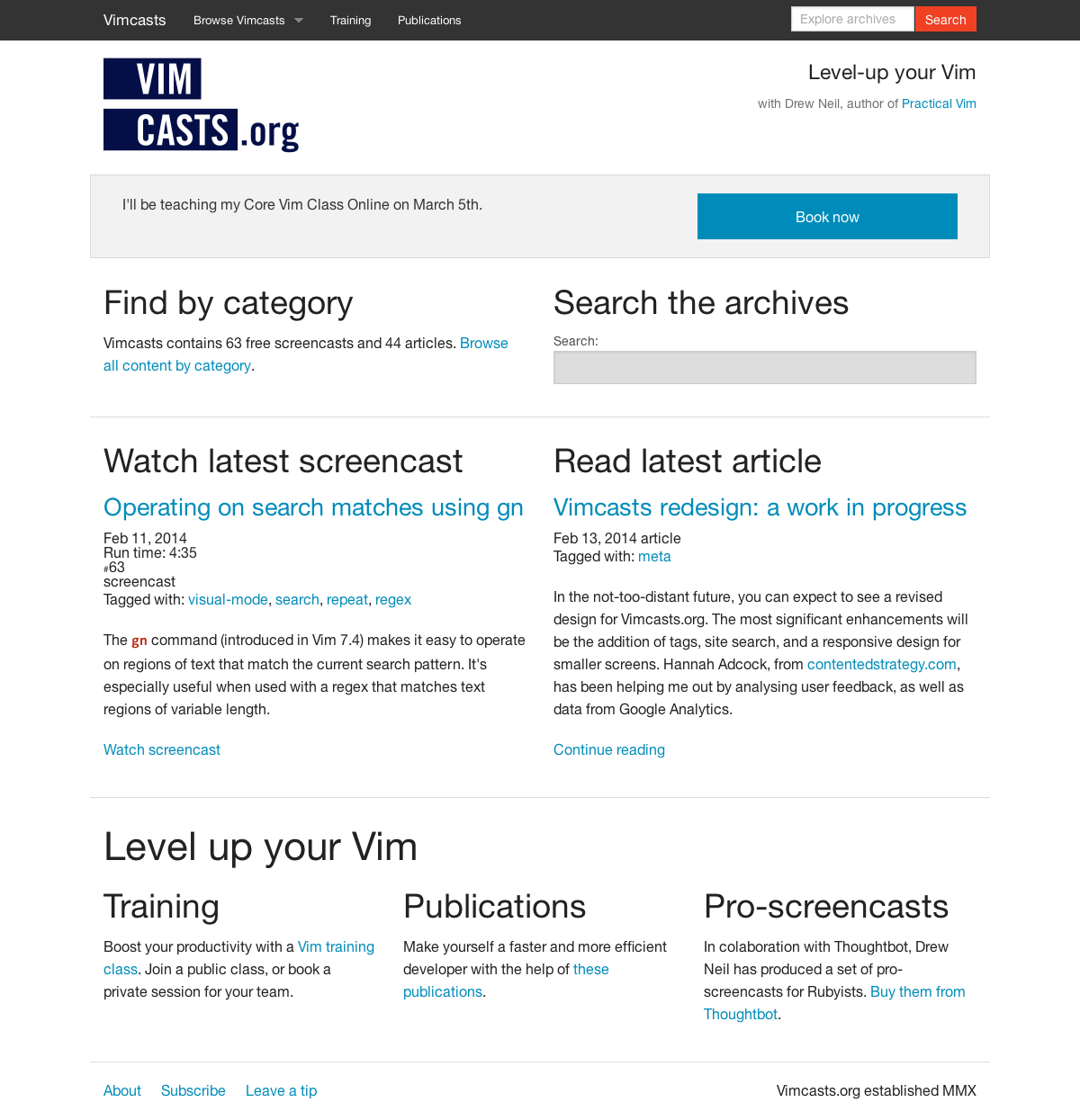 a screenshot of the redesigned Vimcasts homepage on a desktop